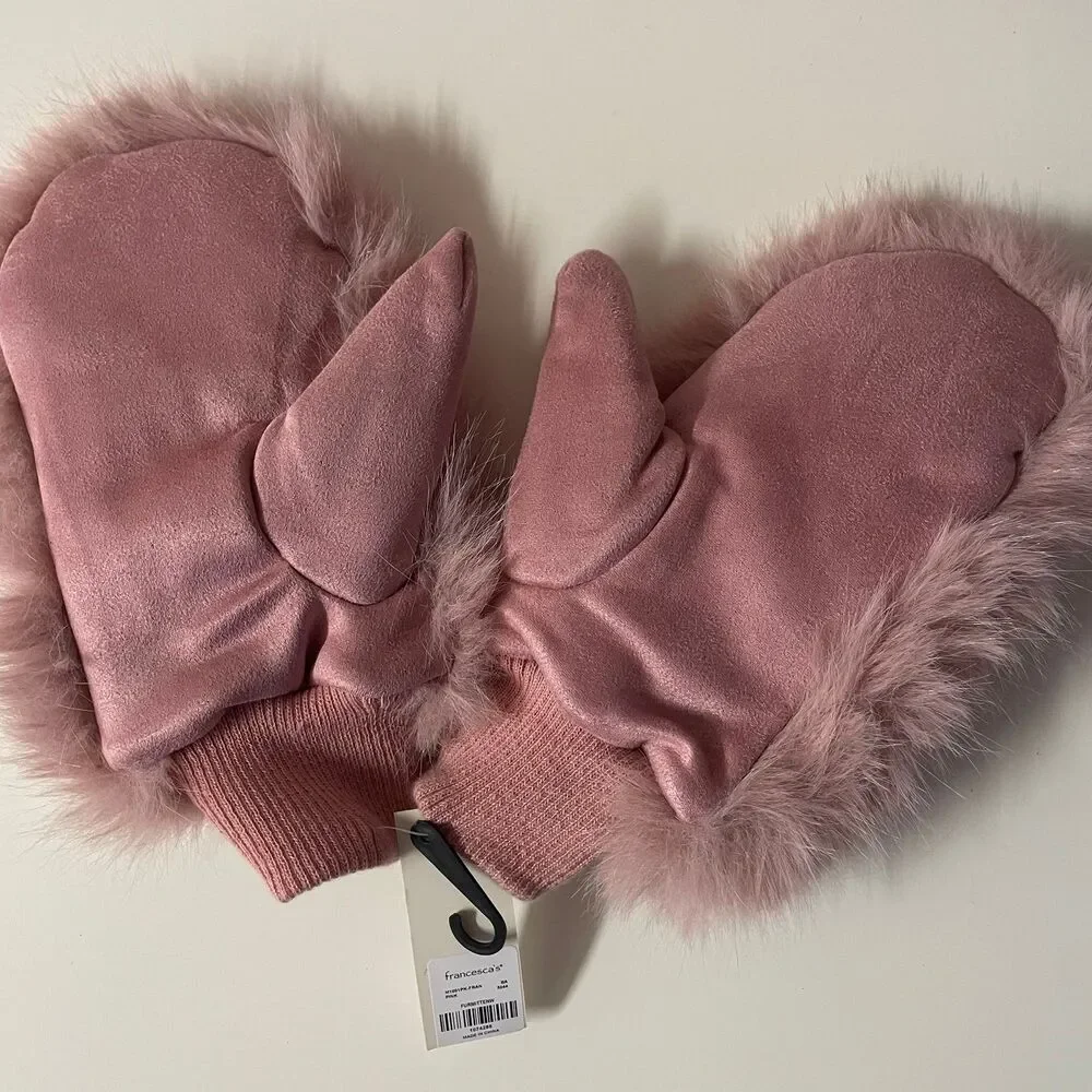 Francesca’s Collections Pink Fuzzy Faux Fur Winter Gloves NWT